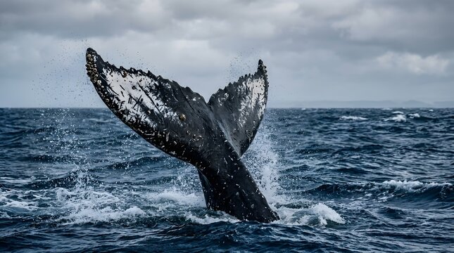 A majestic humpback whale tail splashing in the deep blue ocean captured for world photography day to celebrate marine wildlife beauty