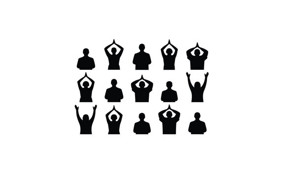 Set of black silhouettes of people in various yoga poses and gestures on white background with gestures arranged three people different collection black collection 14 meditation wellness