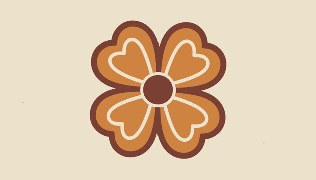 Retro four leaf clover or floral ornament in warm brown and orange tones with a seventies design style on a beige background.