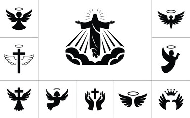 Fototapeta premium Black silhouettes of christian religious symbols with silhouettes depicting various angels white background collection black christianity spirituality religion graphic cross jesus with wings