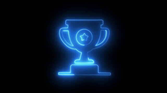 Glowing neon line world cup icon isolated on black background. Winner trophy symbol icon 4k animation 