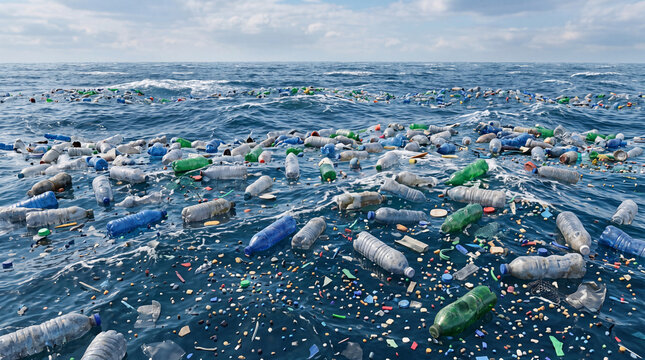 Problem plastic bottles and microplastics floating in the open ocean. Marine plastic pollution concept. 3D illustration 