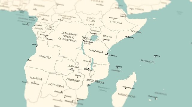 Animated political map featuring the Mozambique Channel, Mozambique and Madagascar with a slow cinematic camera zoom.