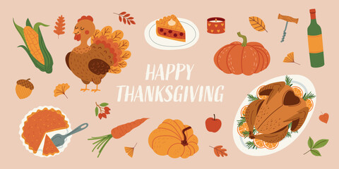 Fototapeta premium Happy Thanksgiving collection with turkey, roast dinner, pumpkin pie, pumpkins, autumn leaves and harvest food. Seasonal holiday vector set isolated on white background.