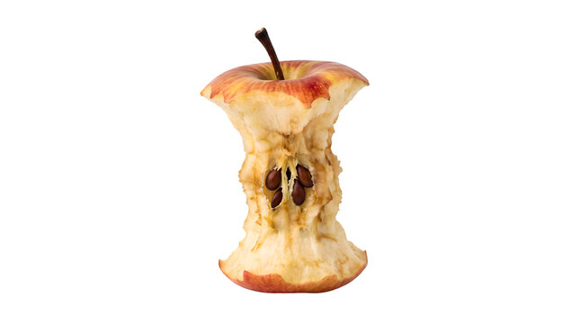 Fresh apple core with seeds on white background. Sliced red fruit interior showing natural seed pattern and bite mark.