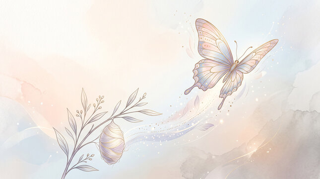 metamorphosis watercolor art cocoon transforming into butterfly with gold accents