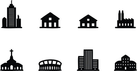 Obraz premium Collection of black silhouette icons representing various architectural buildings and structures