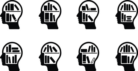 Collection of eight profile head icons filled with bookshelves and books symbolizing knowledge © Shafiq