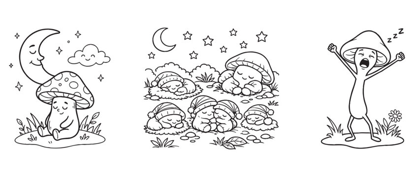 Cute Adorable Sleeping Mushroom Under Smiling Moon And Group With Night Caps And Yawning Morning Stretch Coloring Page For Kids