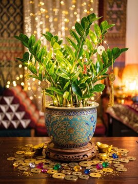 Vibrant zz plant in ornate pot surrounded by decorative coins and festive lights