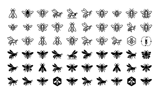Honey bee silhouette and outline icon pack black vector illustration