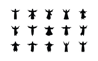 Fototapeta premium Collection of jesus christ silhouettes with outstretched arms with set against white background robed figure outstretched black silhouettes collection 15 christianity spirituality redemption