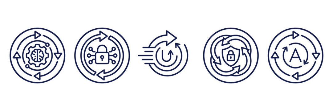 Automation cycle icon set with continuous process arrows brain lock shield vector illustration for tech