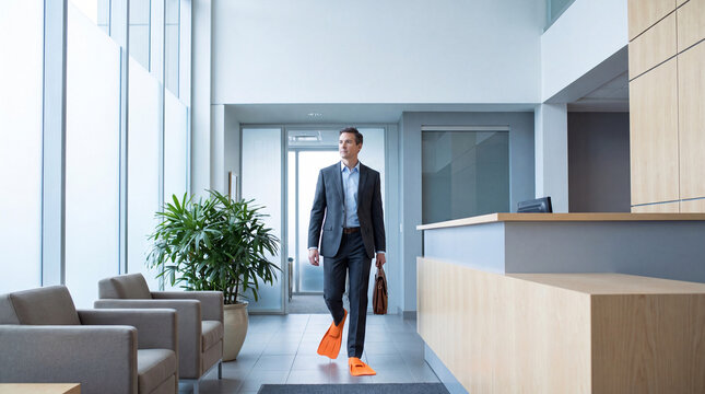 Professional arrives at a formal office meeting in bright swim fins
