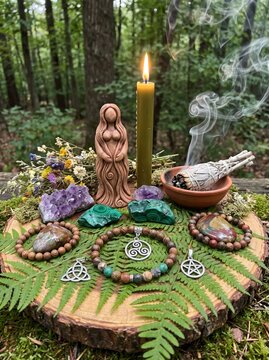Sacred altar arrangement featuring goddess figurine crystals and natural elements