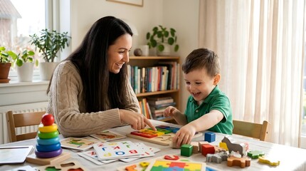Naklejka premium Therapist and Young Boy Engaged in Educational Play Therapy at Home
