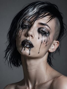 Goth model portrait with metallic dripping makeup and shaved hair avant-garde beauty