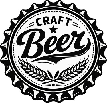 Craft Beer Bottle Cap Logo &mdash; Bold Black and White Vector Badge with Script Lettering, Star, and Wheat Sprigs