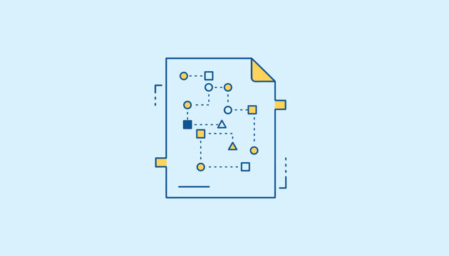 Business process diagram on a blue document sheet showing connecting shapes and workflow planning pathways.