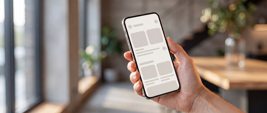 Smartphone wireframe interface mockup held in hand displays a neutral grey layout inside a warm modern room, ideal for presenting mobile app concepts and user experience design