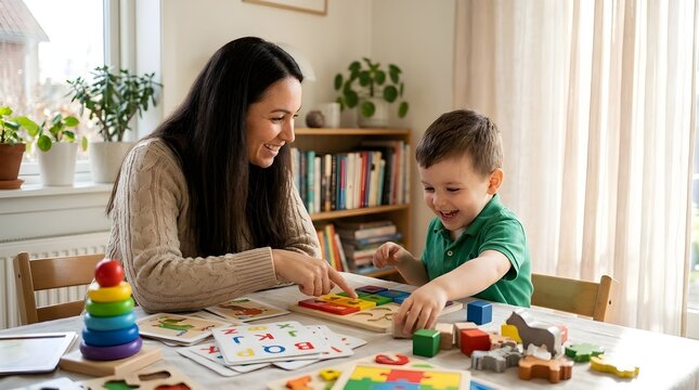 Therapist and Young Boy Engaged in Educational Play Therapy at Home