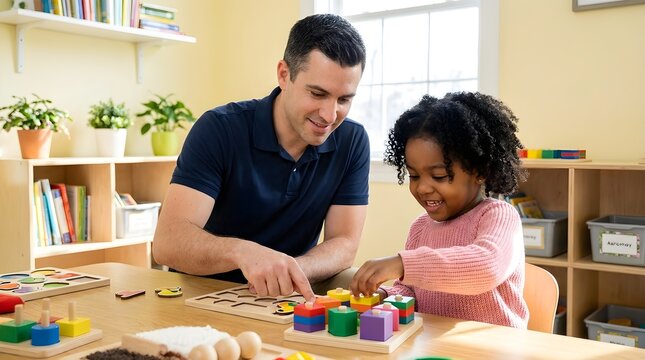 A professional therapist and a young girl engaged in educational puzzle play inside a bright therapy room