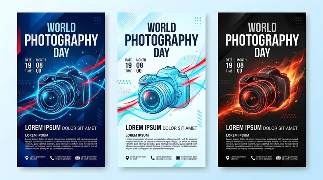 Set of three creative posters for world photography day featuring digital camera illustrations with vibrant light effects and modern typography designs