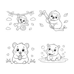 Fototapeta premium Cute Cartoon Animals Playing and Enjoying Nature Featuring Monkey, Sloth, Hamster with Hippo and Tree Elements for Branch, Leaves