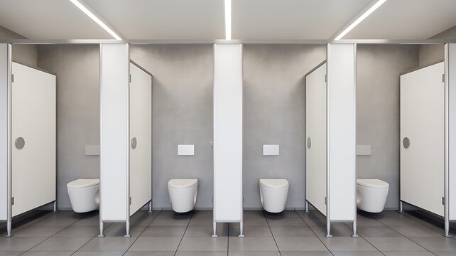 Modern public restroom with clean toilet cubicles interior