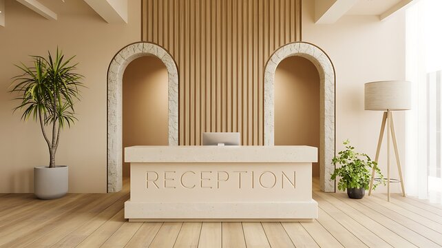 Elegant reception counter with arched design and modern interior