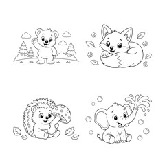 Obraz premium Animals Cartoon Illustration Featuring a Bear, Fox, Hedgehog, and Elephant in a Playful Scene Featuring Cute, Nature, Forest
