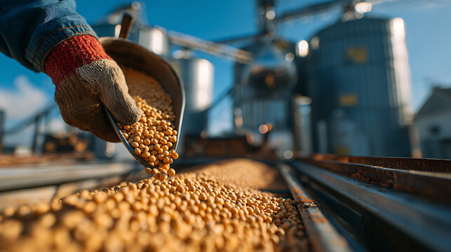 Farmer Hand Holding Metal Scoop Pouring Golden Soybeans Into Agricultural Grain Silo Storage Facility
