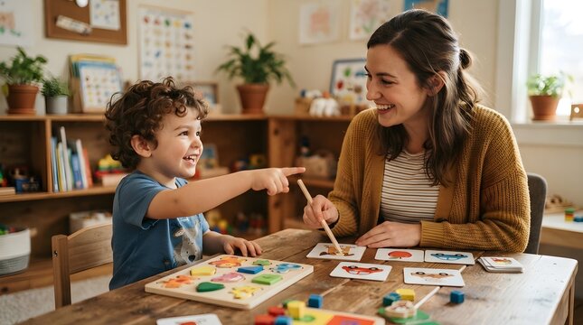 Young boy and therapist engaged in learning with colorful puzzles in a classroom