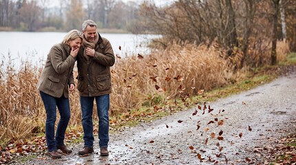Fototapeta premium Friends Laughing on Lakeside Path During Breezy Autumn Lifestyle Walk