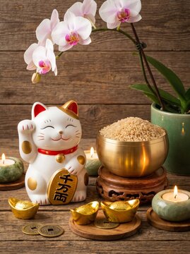 Ceramic cat figurine with gold coin surrounded by rice and candles in tranquil setting