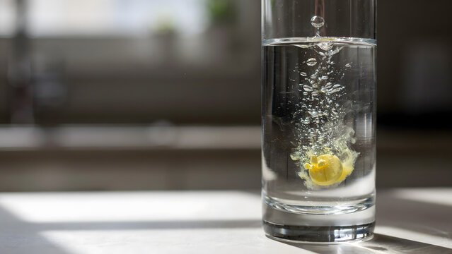 A yellow effervescent tablet dissolving in a tall glass of clear water