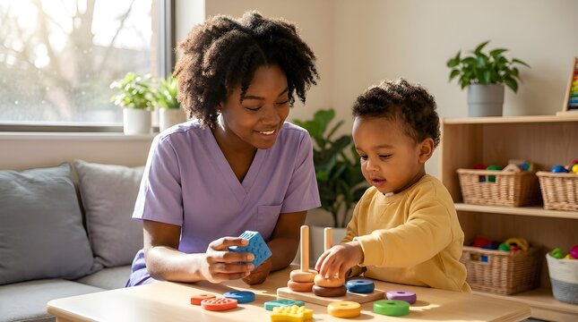 Professional therapist working with a toddler on learning exercises in a bright room