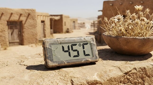 Thermometer Showing High Heat in a Desert Village Landscape Photo