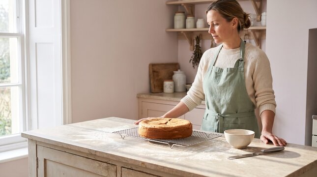 Home baker assesses a collapsed cake at the kitchen island