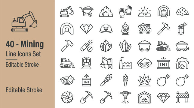 40 Editable Line Mining Icons Set for Industry, Tools, Equipment, Diamonds, Ore, Safety, Factories, Helmets, Pickaxes, Vector Design