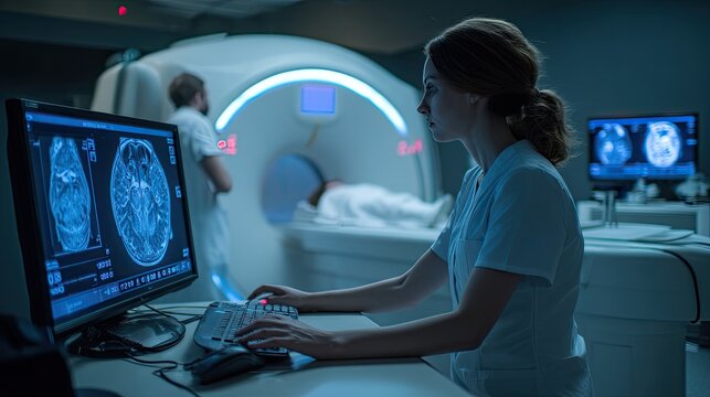 A focused medical professional intently analyzes an MRI scan on a computer monitor within a modern radiology suite.