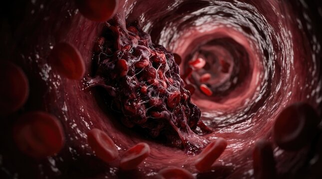 Pathological lumen occlusion: thrombus form, erythrocyte flow, disease cause, circulatory health, embolus risk, cellular aggregate, vascular problem, internal block.