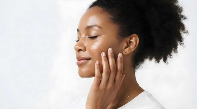 Woman Touching Cheek With Healthy Radiant Skin in Minimalist Studio Setting