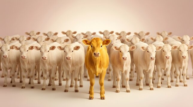 Cows, calf and golden livestock in herd for leadership, individuality and standing out from crowd. Cattle, bovine and farm animals in studio with unique yellow calf for marketing, brand and growth
