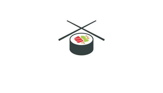 Flat food illustration of a single sushi roll with dark chopsticks crossed over it on a white background.