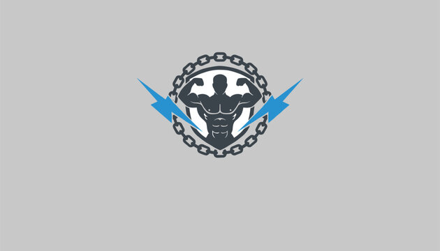 Gym fitness emblem showcasing a muscular bodybuilder silhouette inside a shield with chains and blue lightning.