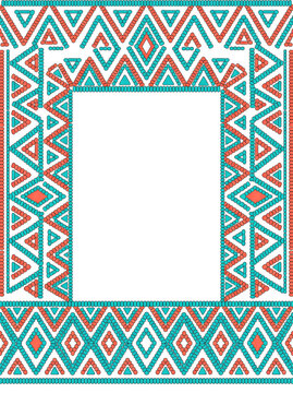 Teal and coral triangle chevron striped border frame on white background