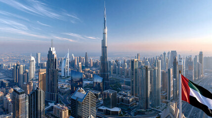 Naklejka premium An expansive cityscape captures the breathtaking architectural beauty of Dubai, UAE, under a bright clear daytime sky, an extraordinary forest of futuristic glass towers and the cu
