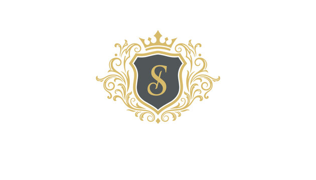 Royal golden monogram logo featuring the letter S inside a dark grey shield decorated with ornate scrollwork and a crown.