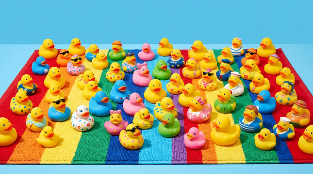 A delightful collection of numerous rubber duck toys arranged on a vibrant rainbow striped mat, showcasing a cheerful playtime theme.